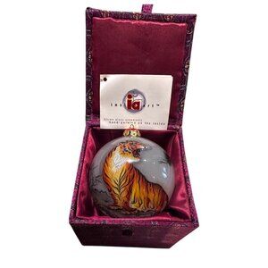 VNTG Inside Art 1998 Tiger Ornament Hand Blown Painted Glass Artist Signed w Box